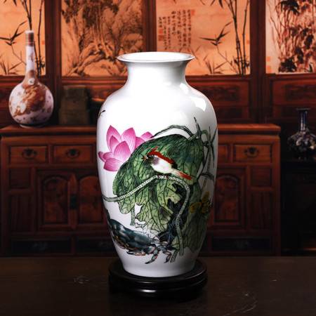 瓷拍 景德鎮陶瓷工藝品瓷瓶 大師彭競強和諧情韻 荷花鳥螃蟹花瓶